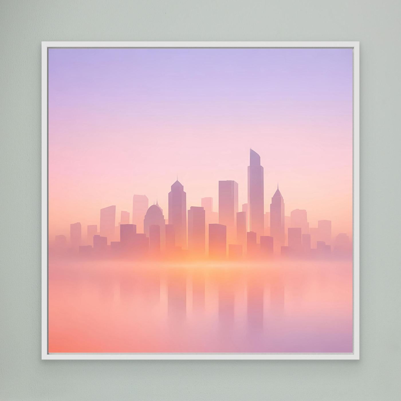 Leinwand-Wandbild mit pastellfarbener Skyline im Dunst und weißem Rahmen