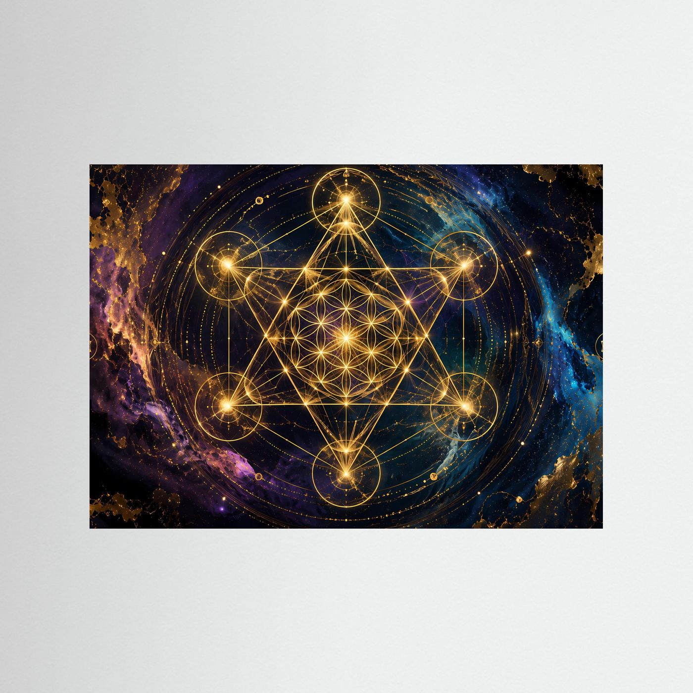 Poster mit Metatrons Würfel und goldener Blume der Schöpfung im kosmischen Farbverlauf