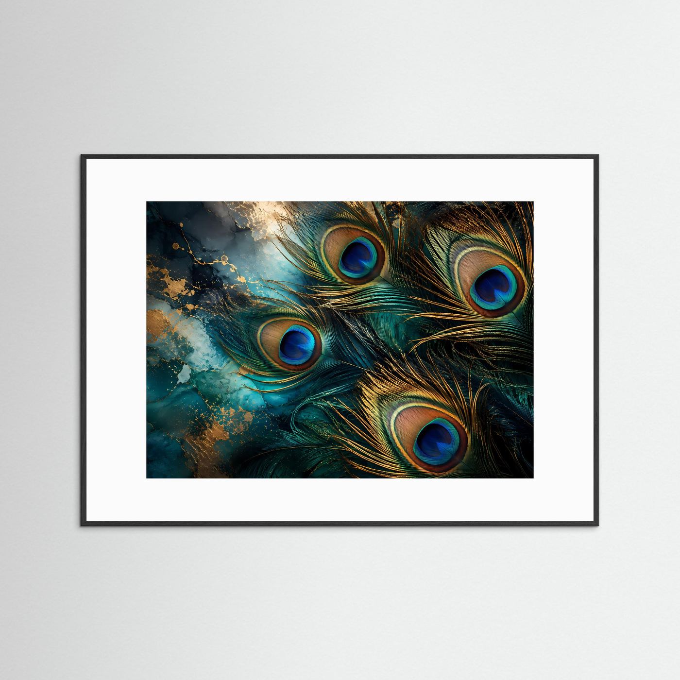 Pfauenfedern Poster | Elegante Pfauenfeder Wandkunst mit Goldakzenten | Luxuriöse Abstrakte Naturkunst | Türkis Blau Gold | Premium Leinwand & Wall Art