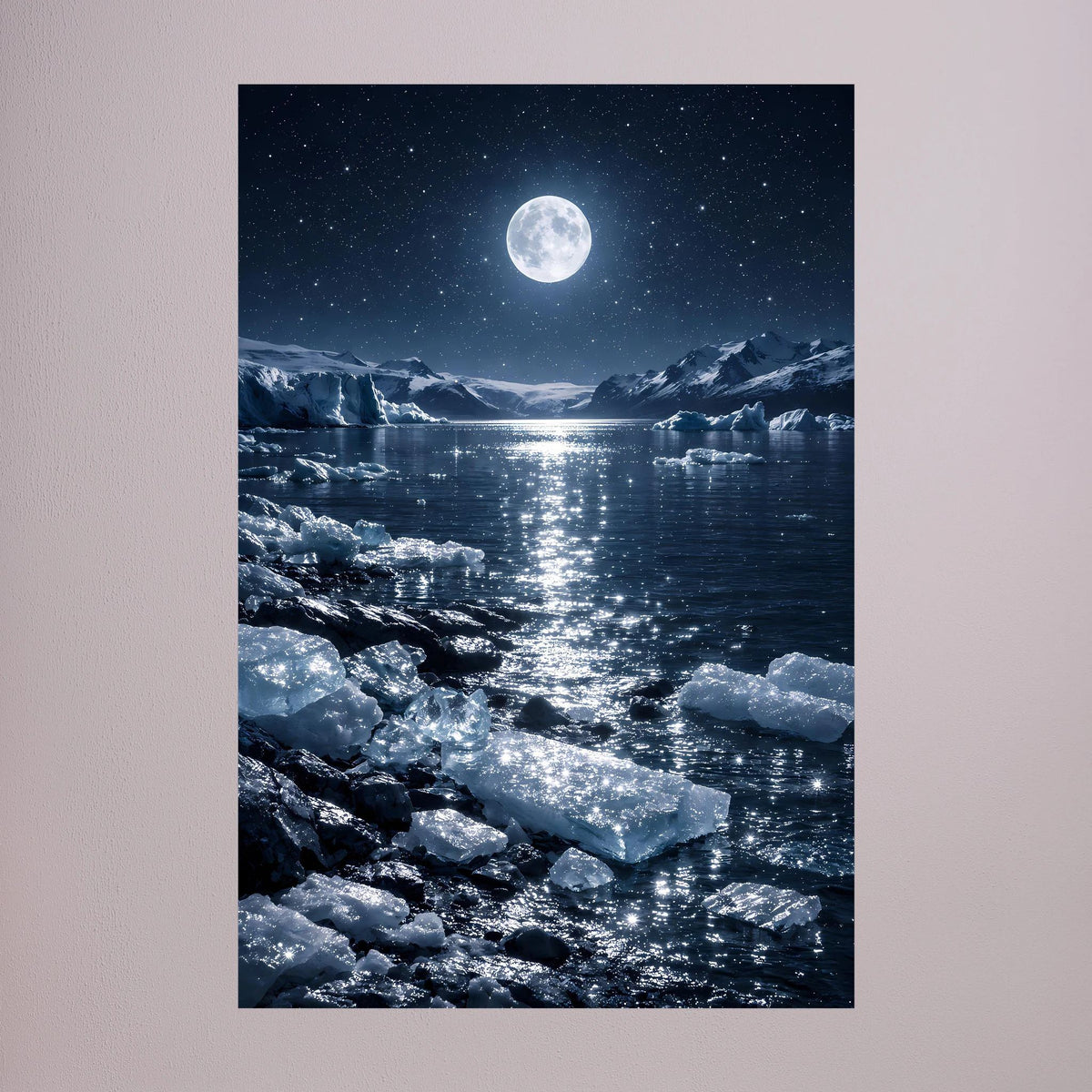 Hochformatiges Wandbild: Vollmond über arktischem Meer mit Eisschollen