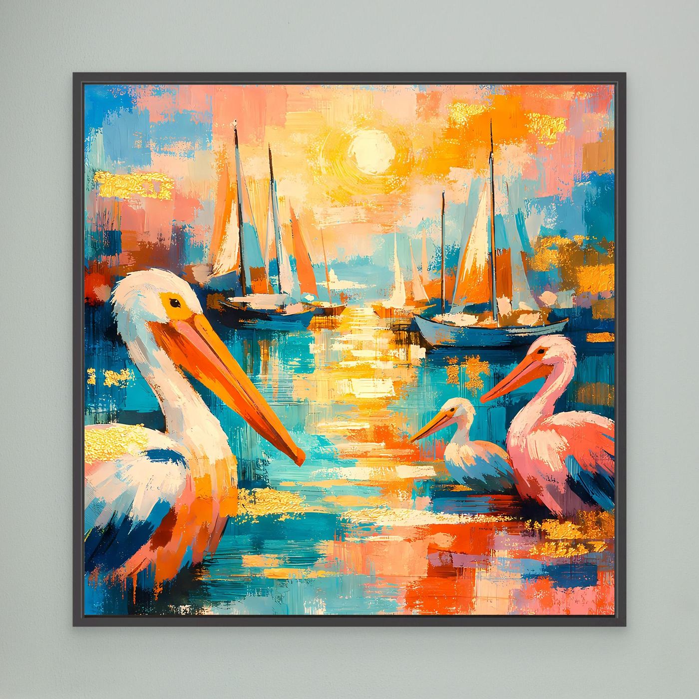 Leinwandbild mit bunten Pelikanen und Segelbooten im Hafen, schwarz gerahmt