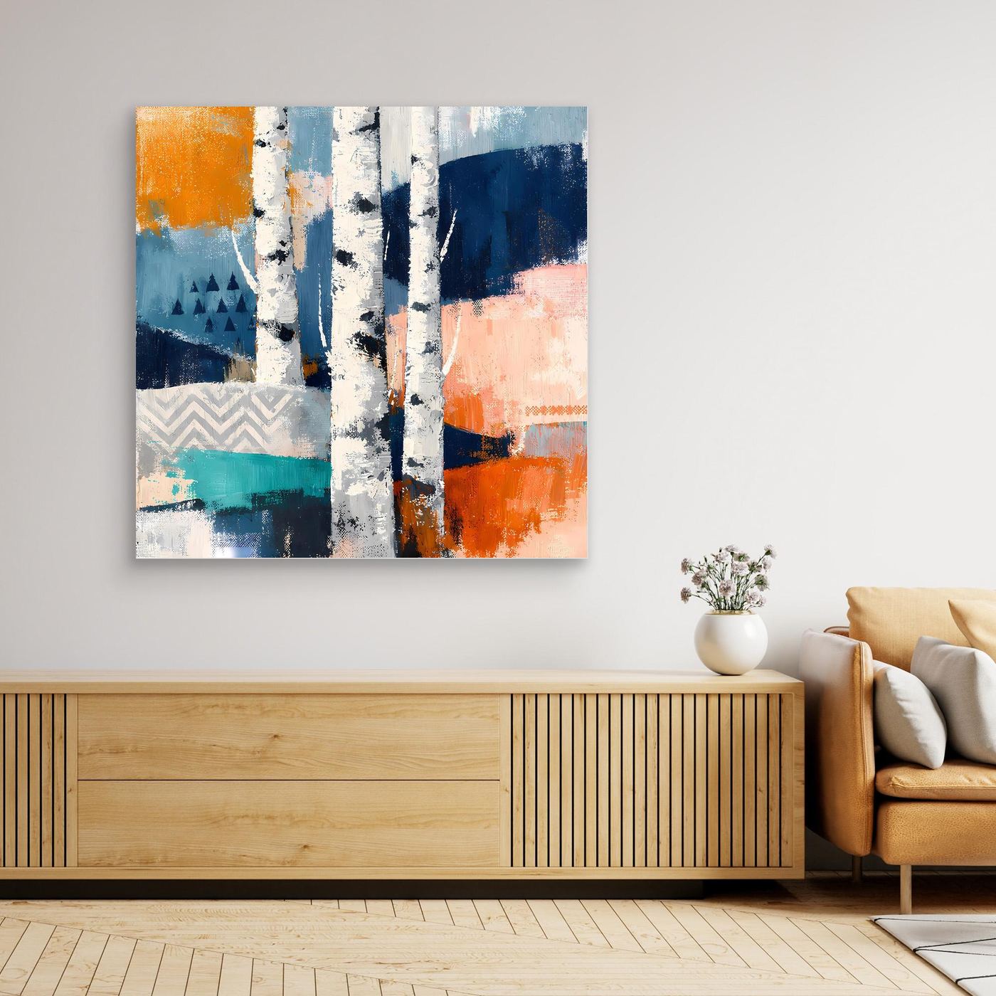 Leinwand-Wandbild mit abstraktem Birkenwald, blau-weiße Birkenstreifen und orange Farbfelder