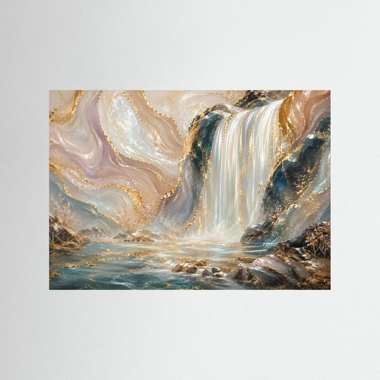Poster mit abstraktem Wasserfall: creme-gold, türkisfarbenes Wasser