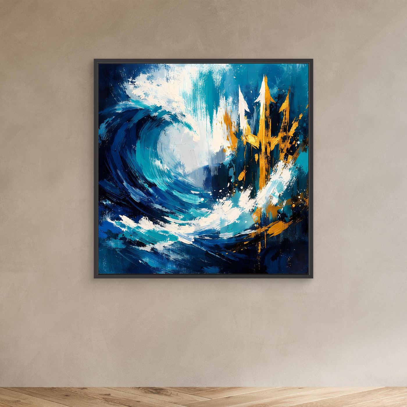 Maritime wall art with blue wave swirl and gold trident in dark frame