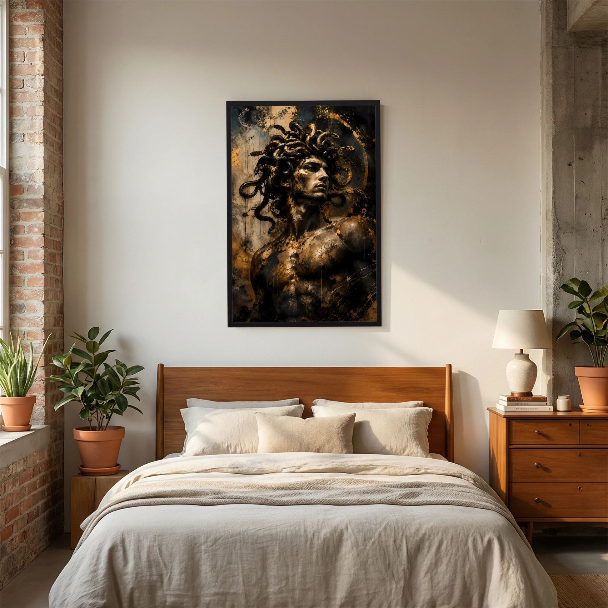 Hochformat-Poster mit Medusa-Porträt, Schlangen im Haar, schwarz-gold, schwarzer Rahmen