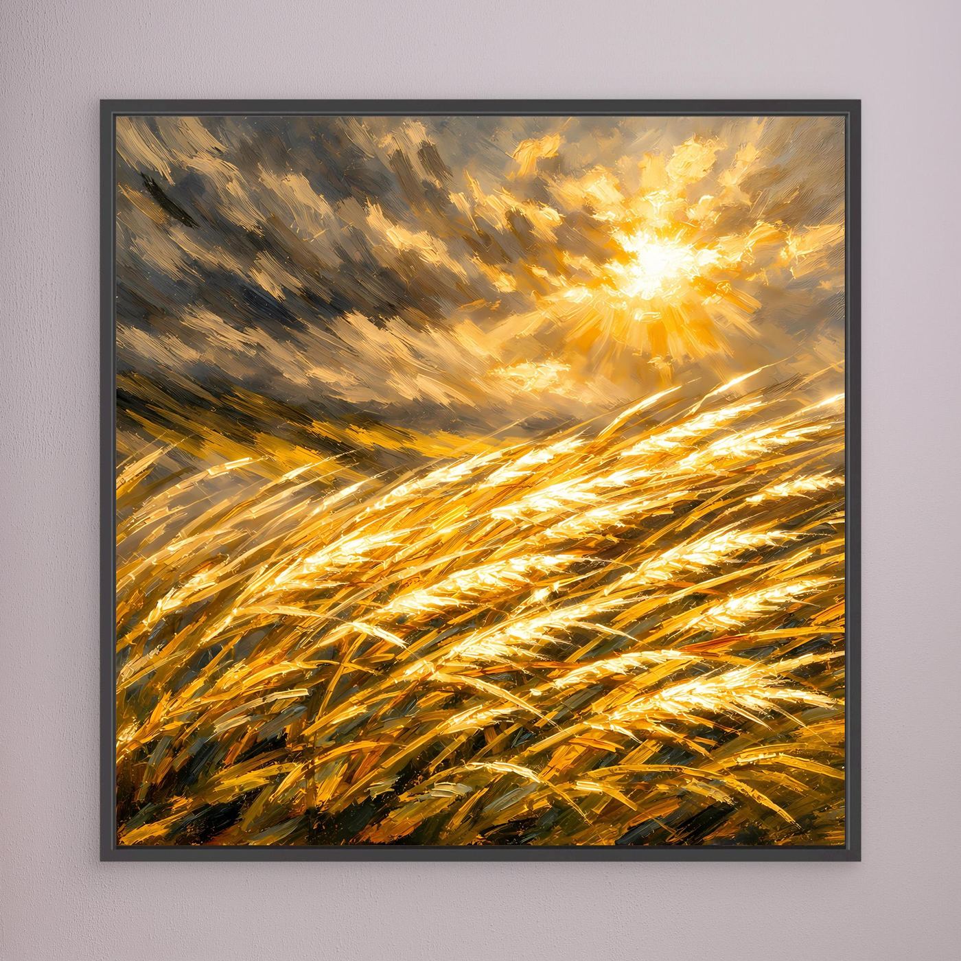 Leinwandbild mit goldenem Weizenfeld und Sonnenstrahlen, schwarzer Rahmen