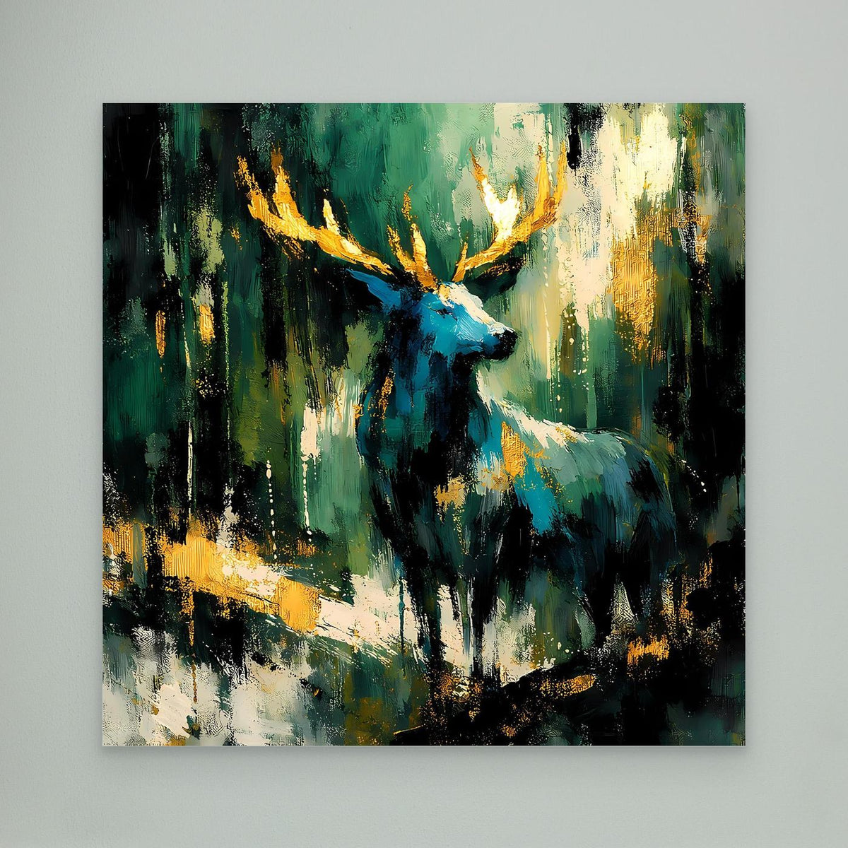 Leinwand-Wandbild mit abstraktem Hirsch in Grün, Blau und Gold