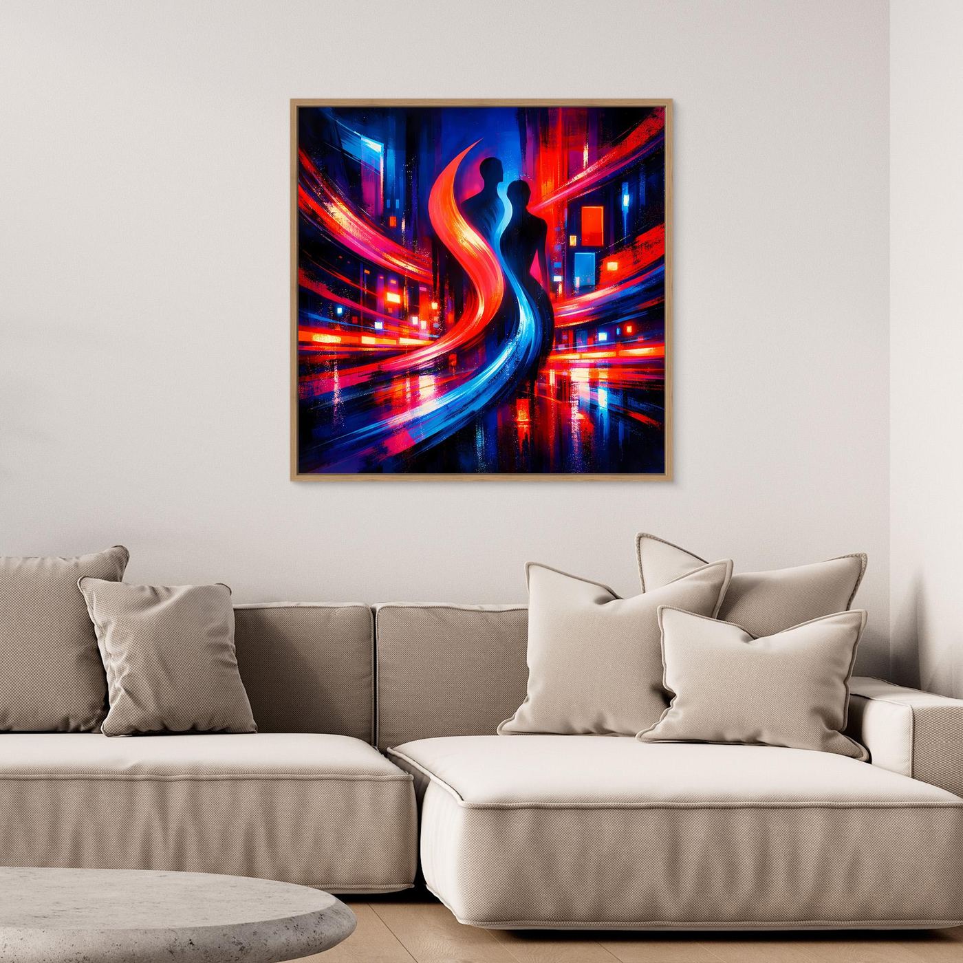 Wandbild mit abstrakter Cyberpunk-Stadt, Paar-Silhouette und Neonlichtern in Blau/Rot, Holzrahmen