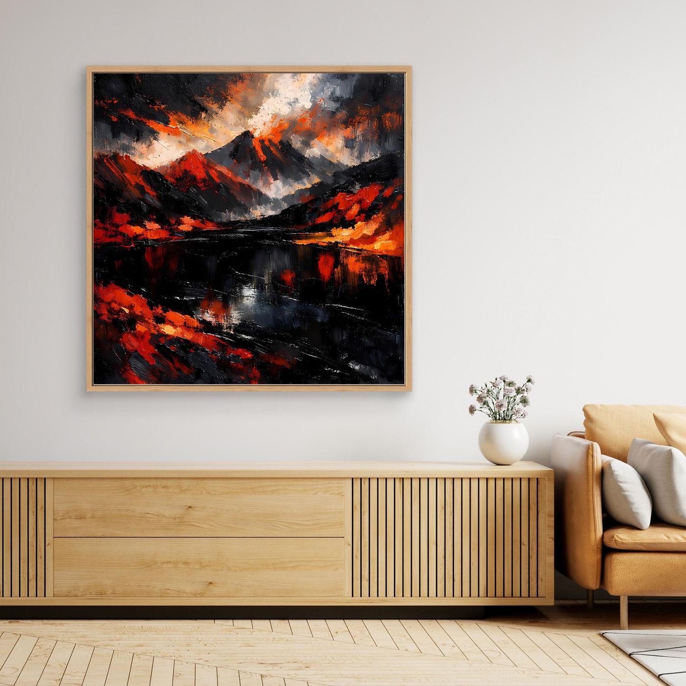 Wandbild Leinwand mit Holzrahmen: abstrakte Vulkanlandschaft in Feuerrot, Schwarz und Grau