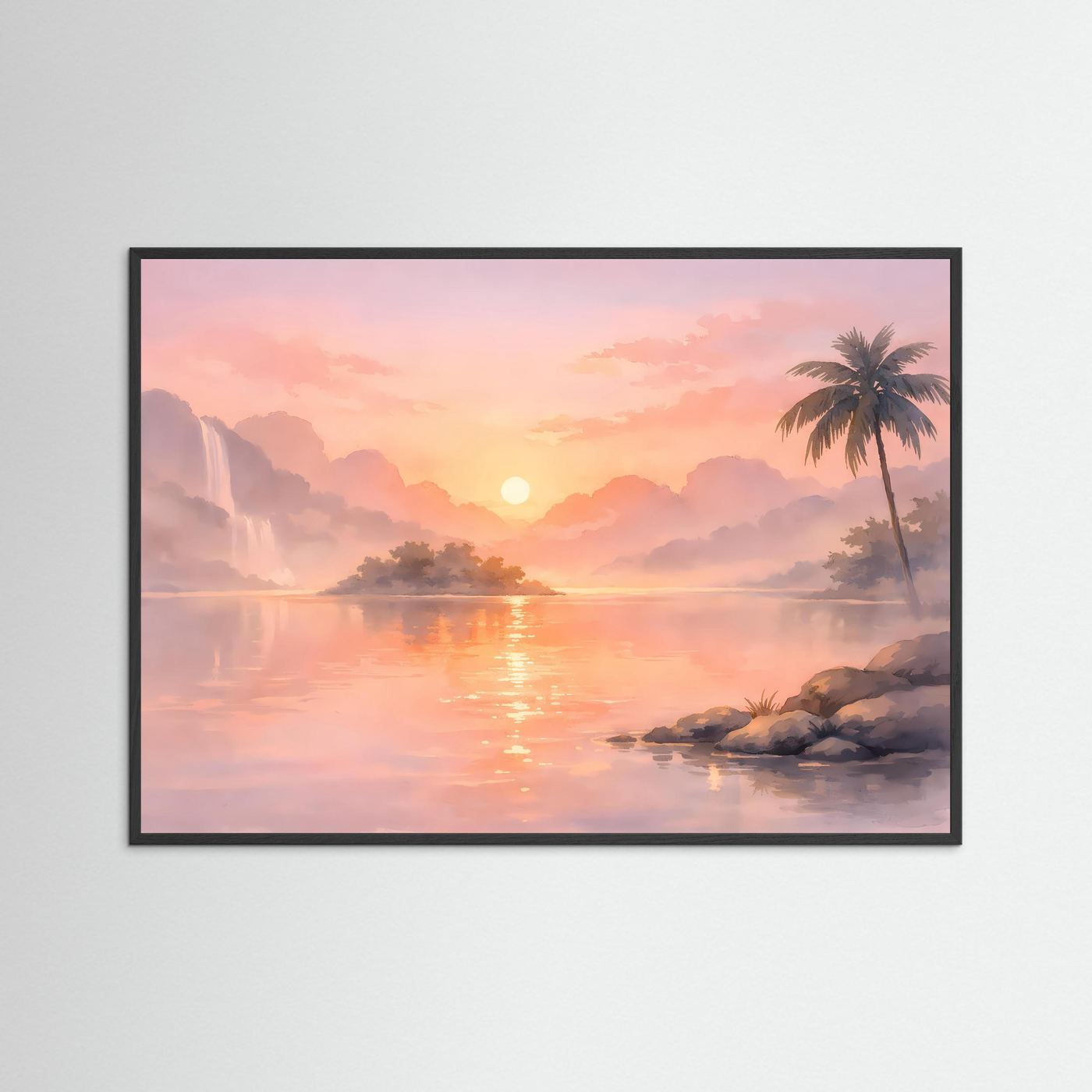 Querformat-Poster mit tropischem Sonnenaufgang über See und Palme; schwarzer Rahmen