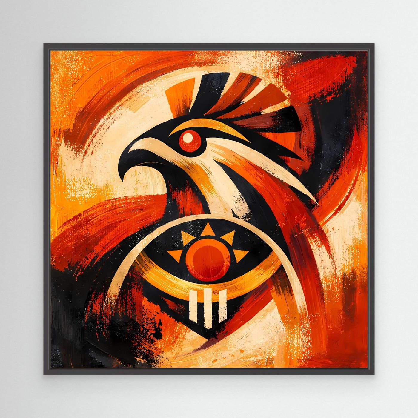 Wandbild mit Falken- und Sonnensymbol, orange-rot-schwarz, im schwarzen Rahmen