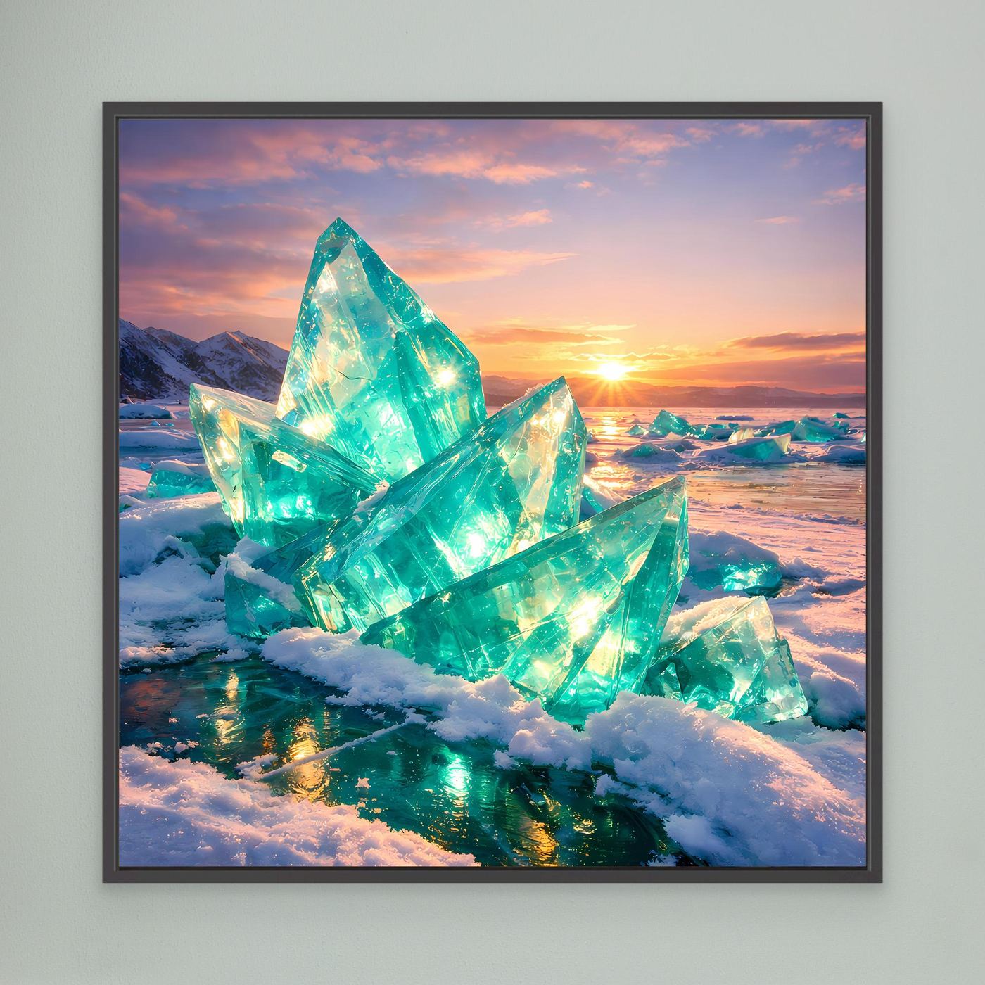 Leinwandbild mit türkisgrünen Eiskristallen, Wintersonne, schwarzer Rahmen
