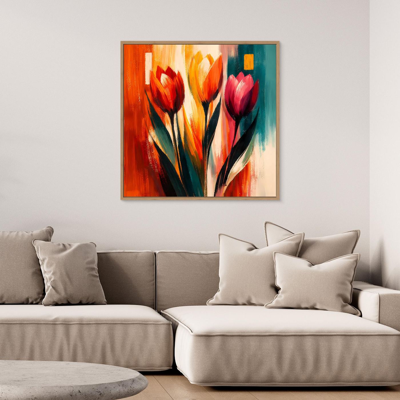 Quadratisches Wandbild mit abstrakten Tulpen auf Leinwand, bunte Farben, Rahmen