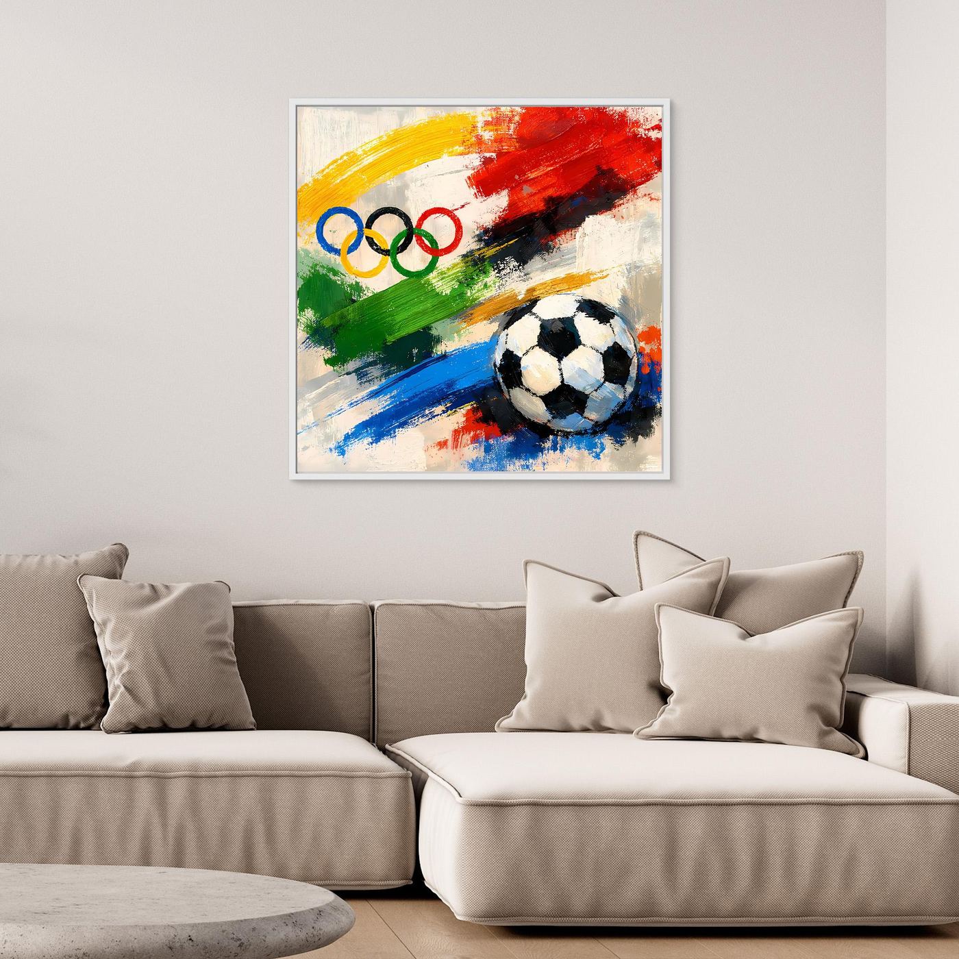 Leinwandbild mit abstraktem Fußball und Olympischen Ringen, weißer Rahmen