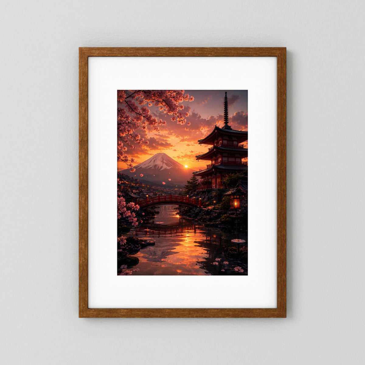 Hochformatiges Poster mit braunem Holzrahmen und weißer Passepartout, japanischer Tempel
