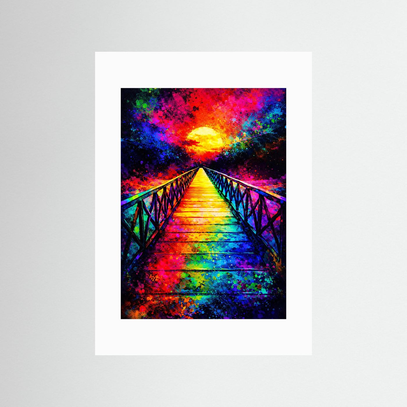 Leinwandbild abstrakte Brücke mit Regenbogenstufen und goldener Sonne, mit weißem Passepartout