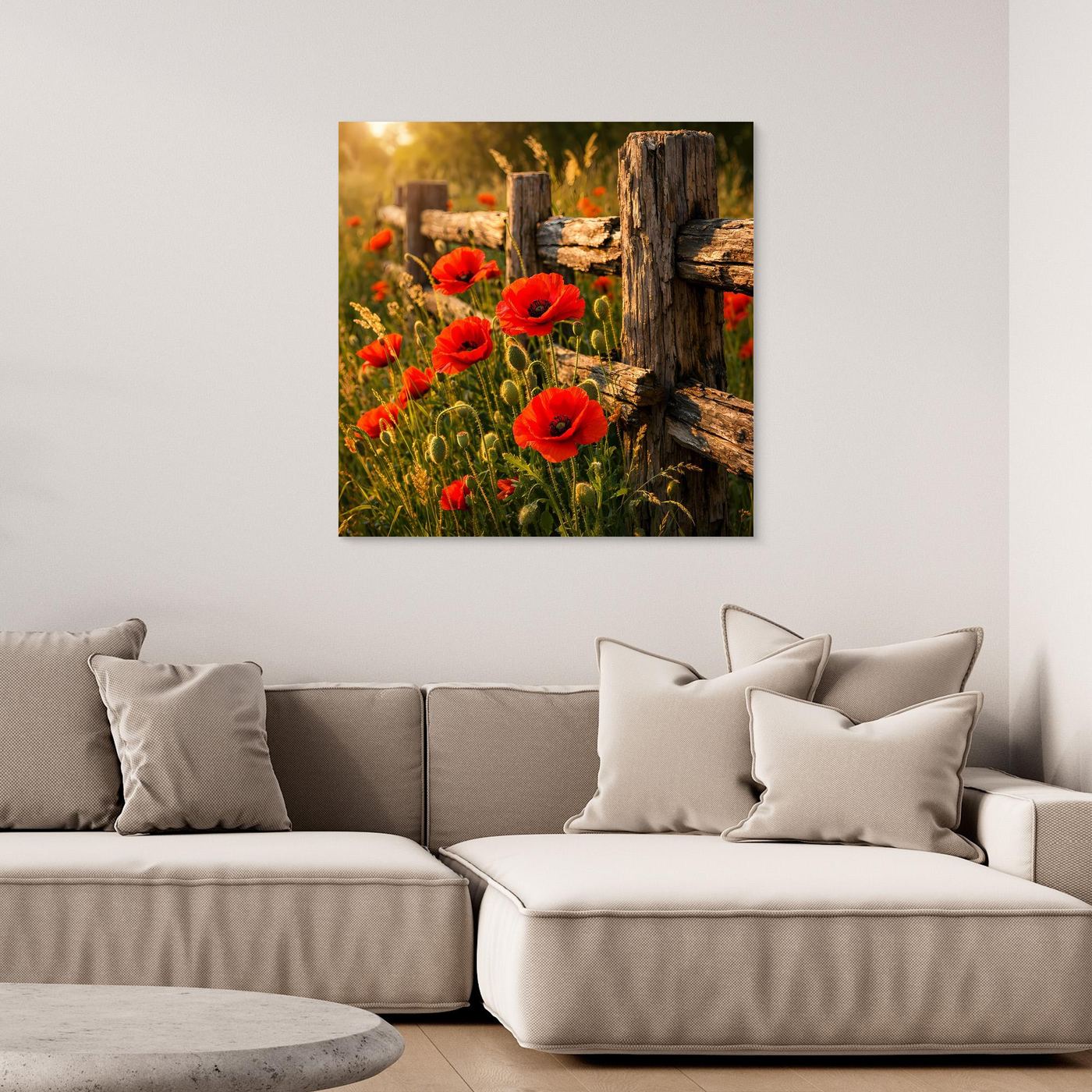Gerahmtes Leinwandbild mit roten Mohnblumen am Holz-Zaun, schwarzer Rahmen