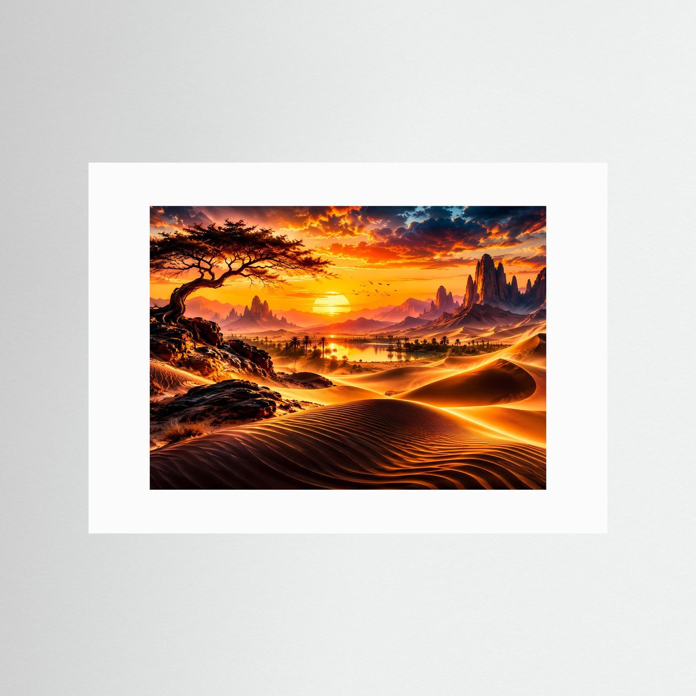 Goldene Wüste bei Sonnenuntergang | Oase & Dünen Landschaft Wandkunst