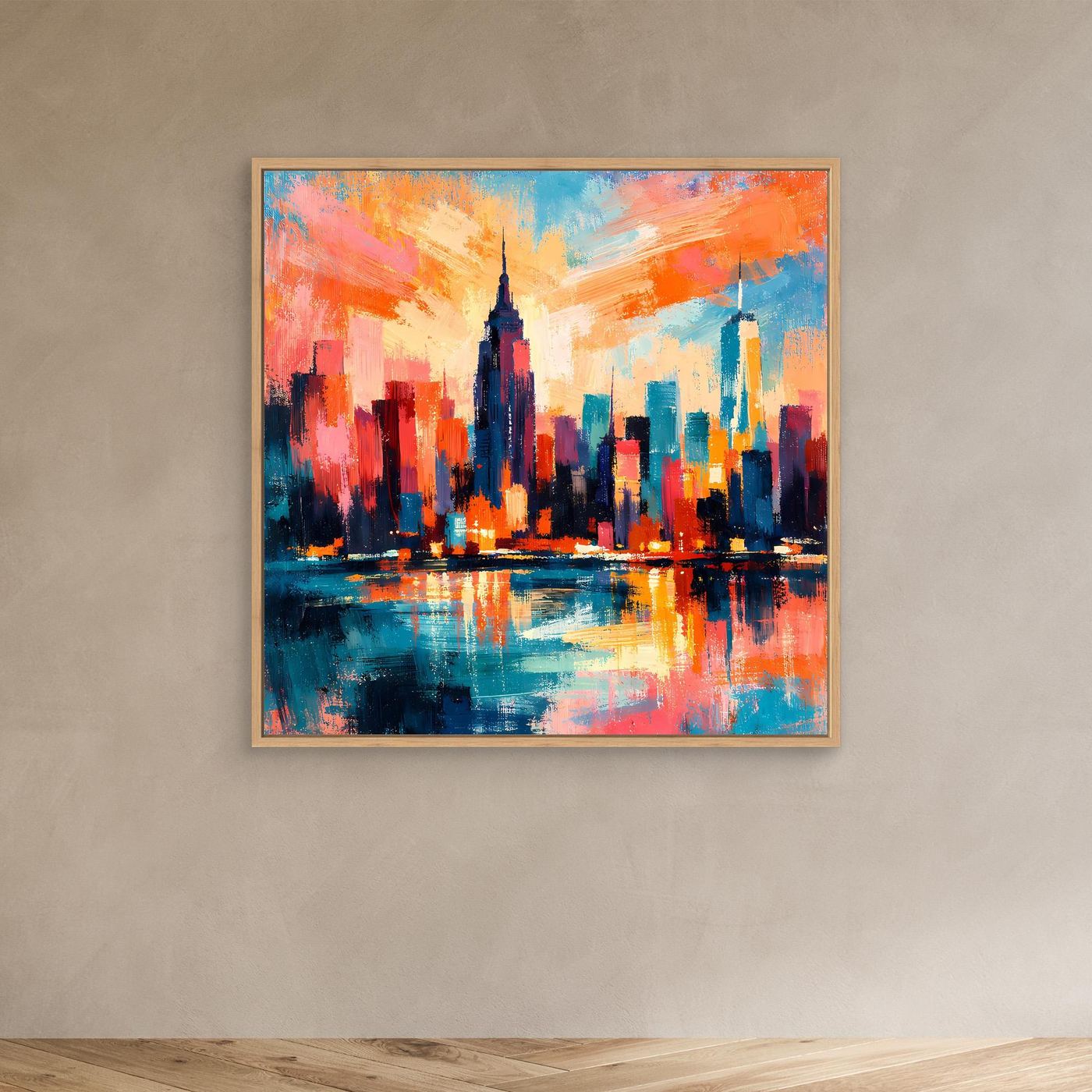 Gerahmtes Leinwandbild Skyline mit Spiegelung, orange-blau, heller Rahmen