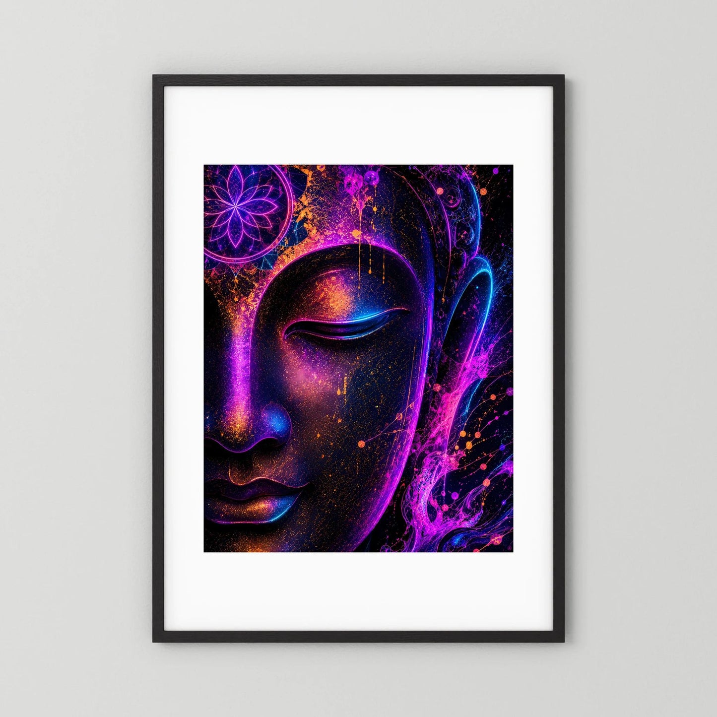 Neon-Buddha-Poster mit schwarzem Rahmen und weißem Rand, Gesicht in Pink und Blau