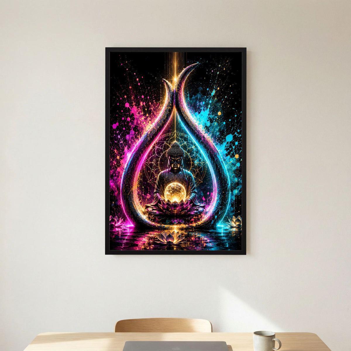 Poster im schwarzen Rahmen: Buddha auf Lotus, leuchtende Energiekugel, neonfarbene Tropfenform