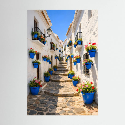 Wandbild im Hochformat mit andalusischer Gasse, blauen Blumenkübeln und Blumen