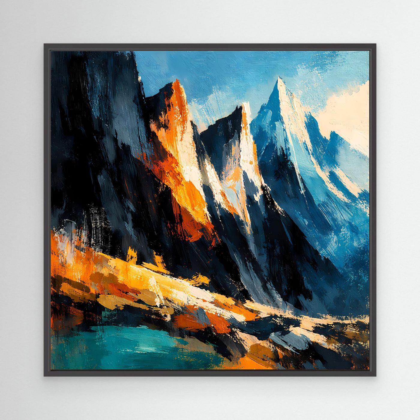 Abstraktes Leinwand-Wandbild mit Alpenbergen in Blau, Orange und Schwarz (schwarzer Rahmen)