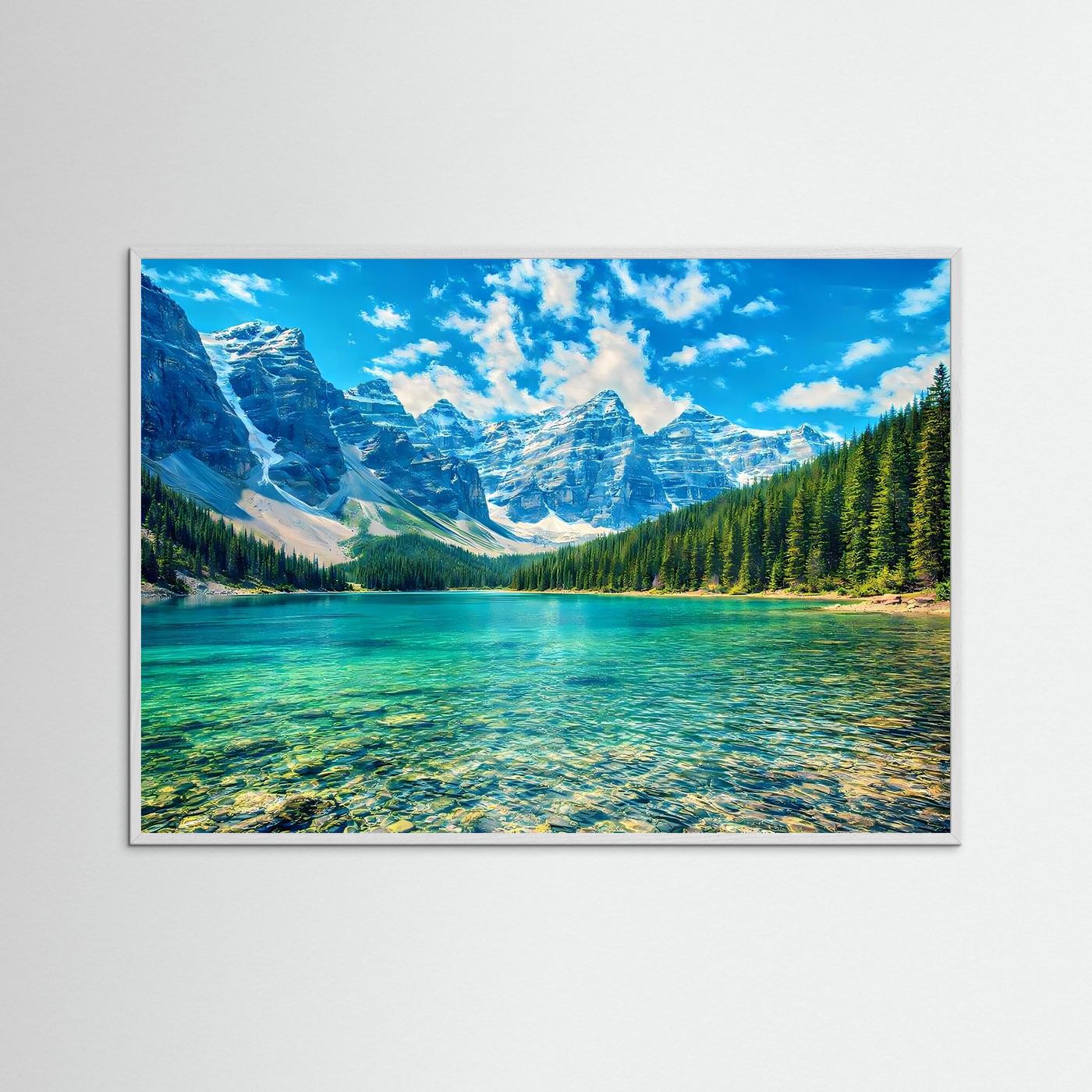 Wandposter mit türkisblauem Bergsee-Motiv, grau-blauer Rahmen, Querformat.