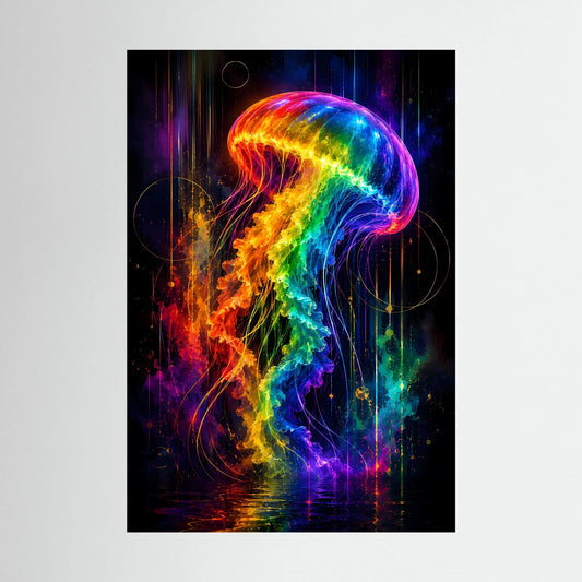 Neon-Quallenposter (Hochformat) mit Regenbogen-Leuchten und Lichtfäden auf dunklem Grund