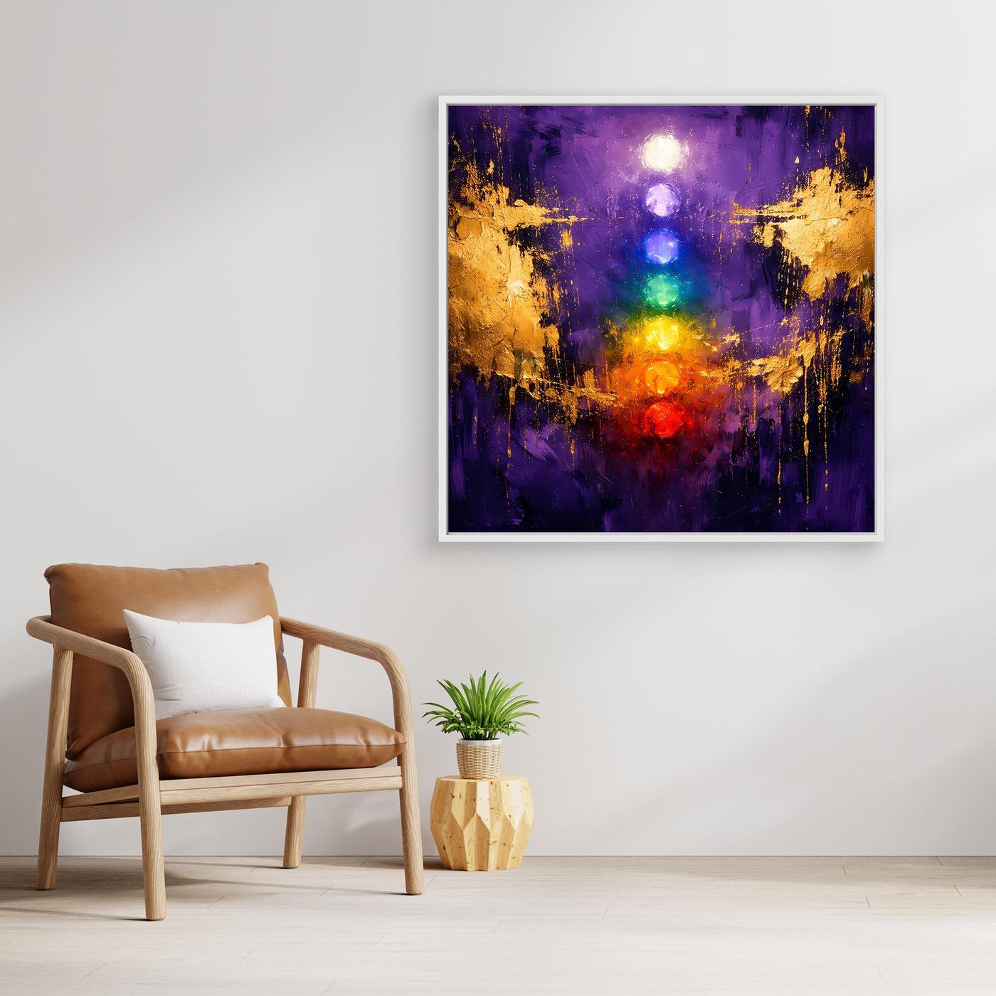 Leinwand Sieben Chakren auf tiefem Violett | Modernes Spirituelles Yoga Wandbild