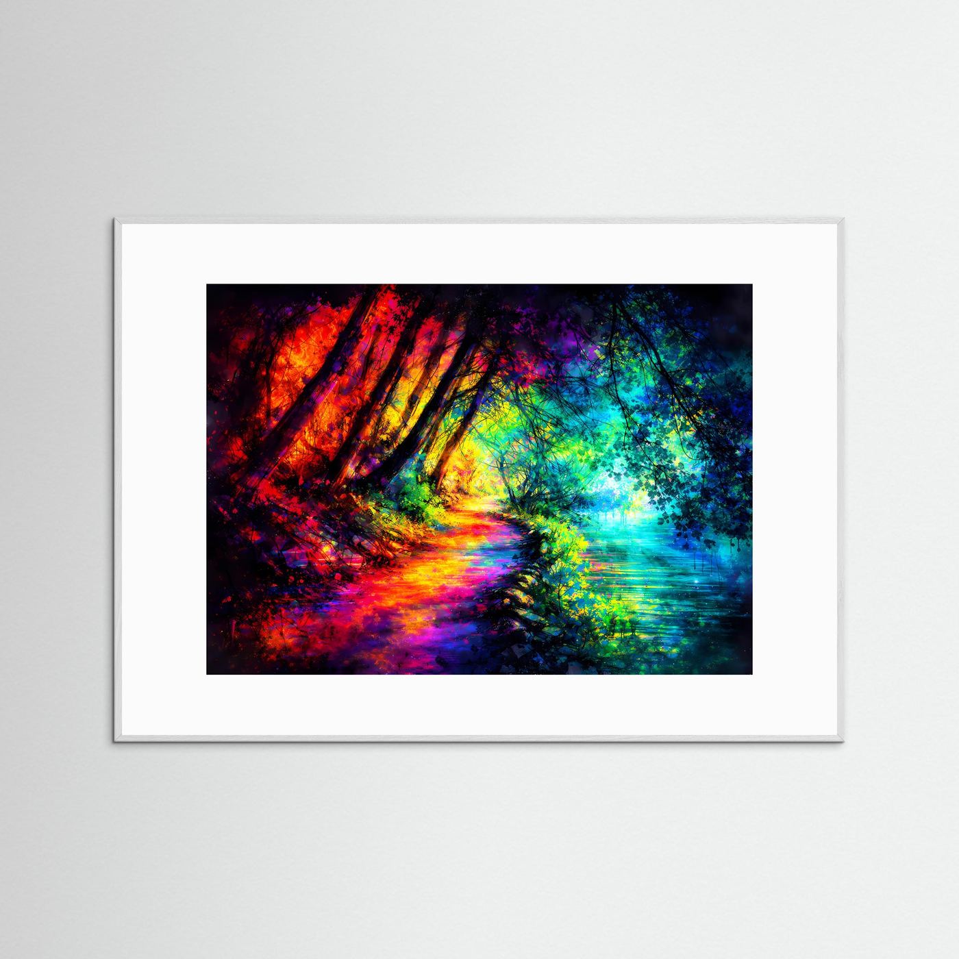 Querformatiges Poster mit abstraktem Neon-Waldpfad in Regenbogenfarben, im weißen Rahmen