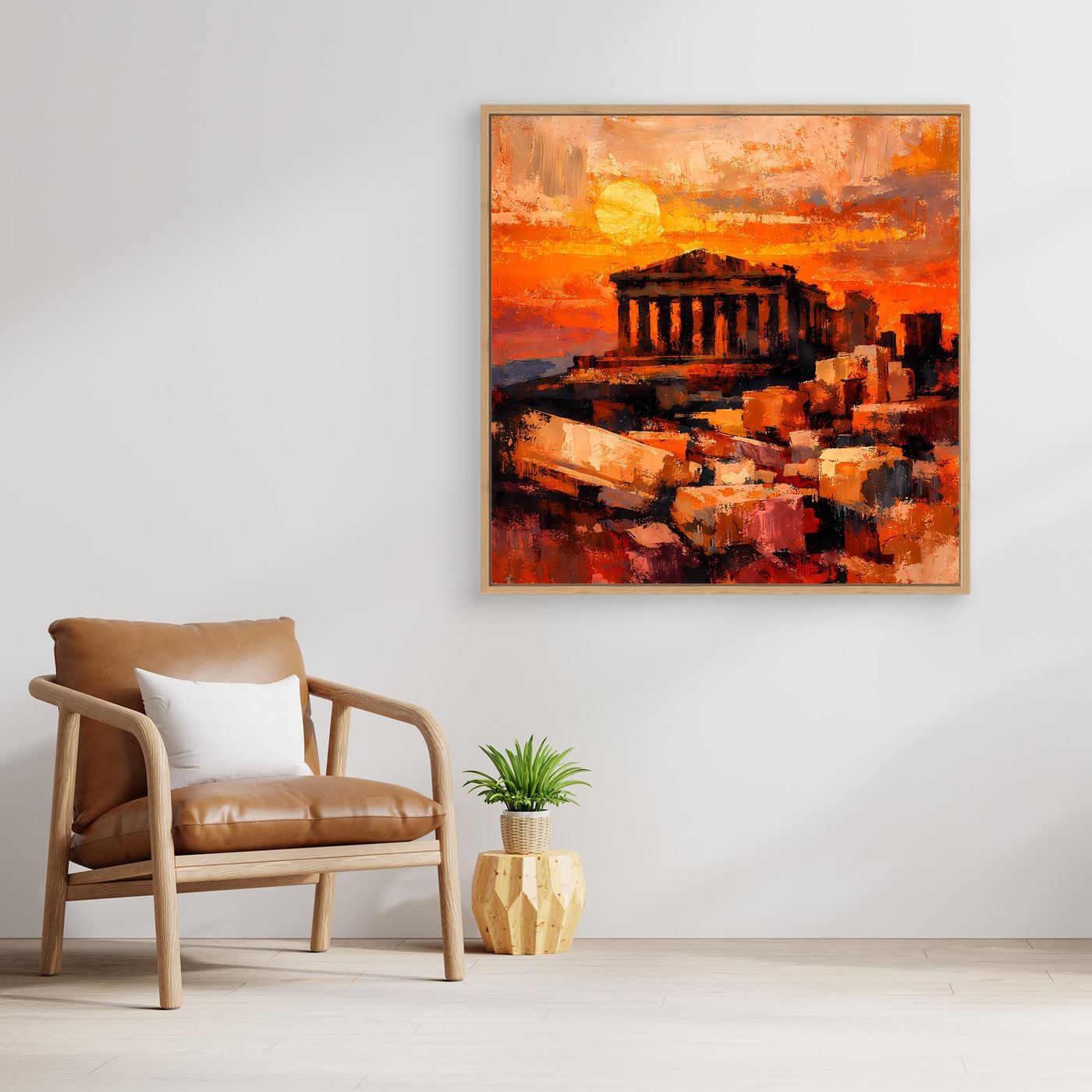 Leinwandbild mit Akropolis-Sonnenuntergang in Orange, rechteckig, mit hellem Holzrahmen