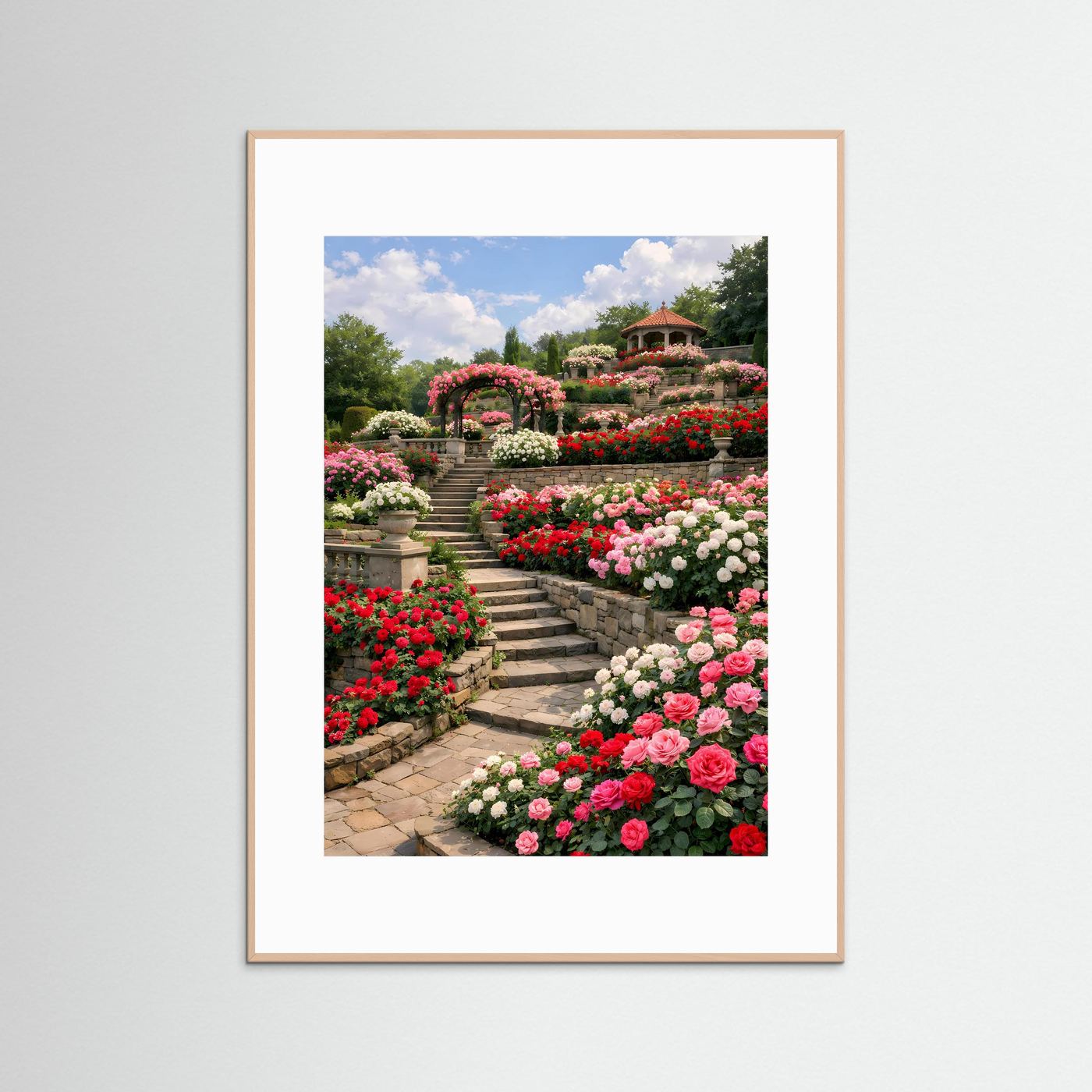 Blumenposter im hellen Holzrahmen mit Rosenbeeten und Steintreppe
