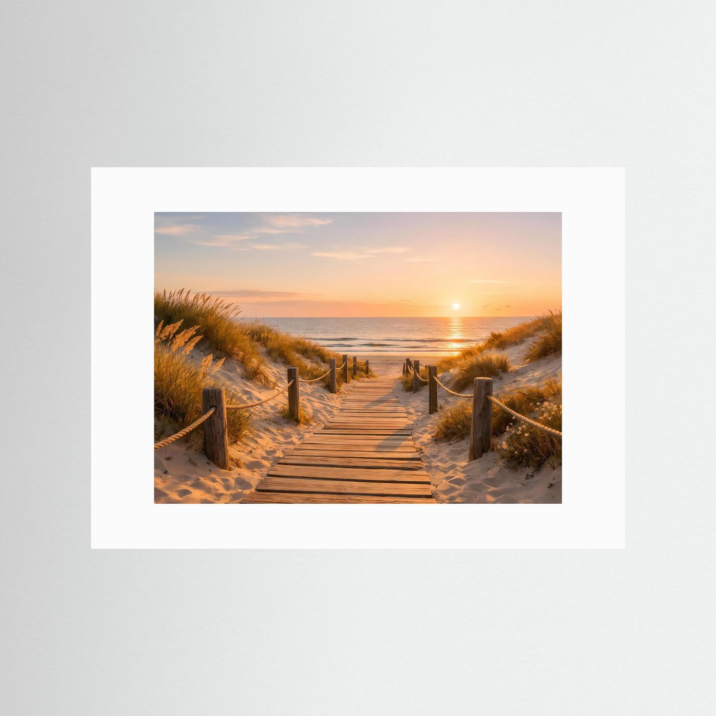 Wandposter mit Motiv: Weg durch Dünen zum Meer, Sonnenuntergang; weißer Rahmen