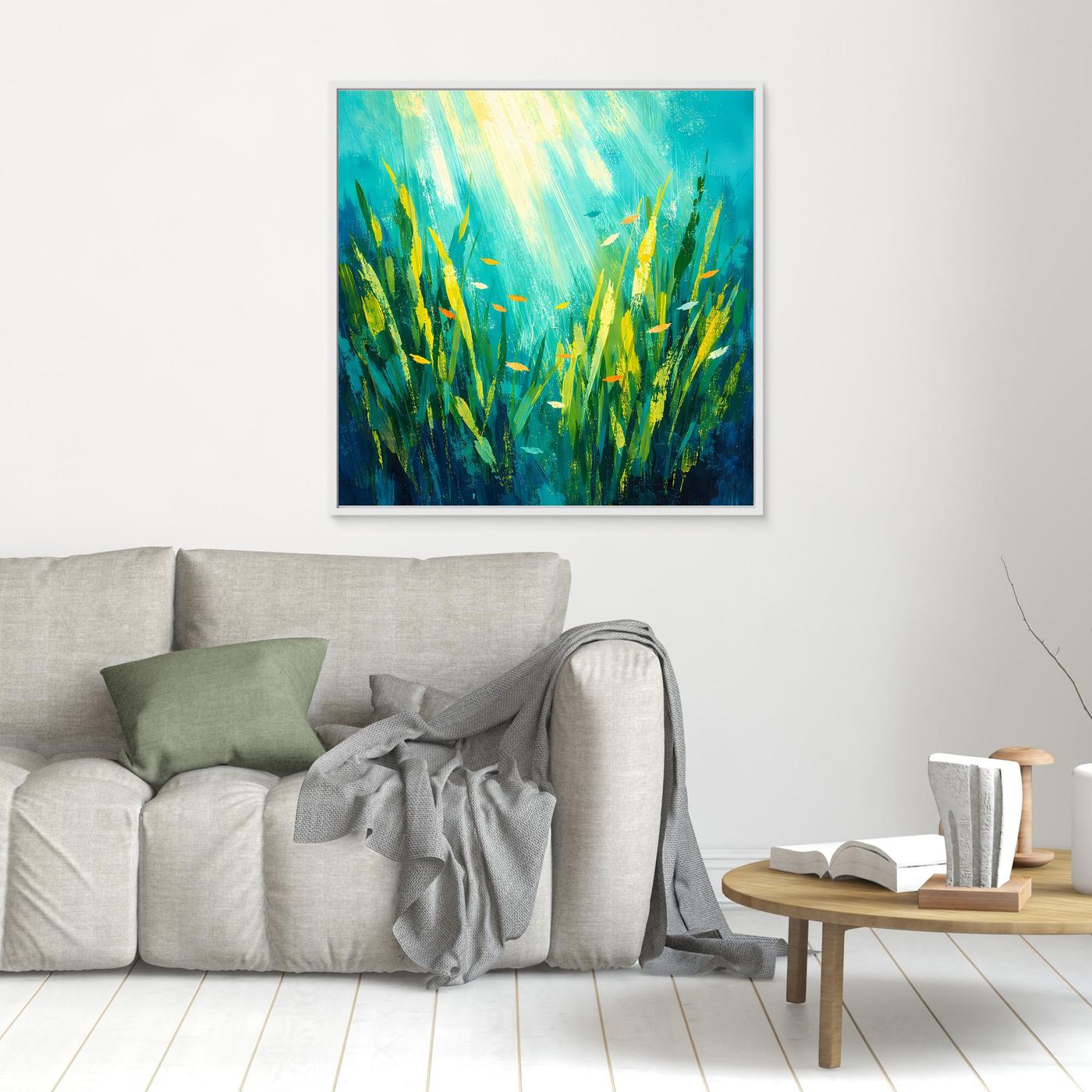 Leinwand Lichtdurchfluteter Algenwald unter Wasser | Abstraktes Ozean Wandbild