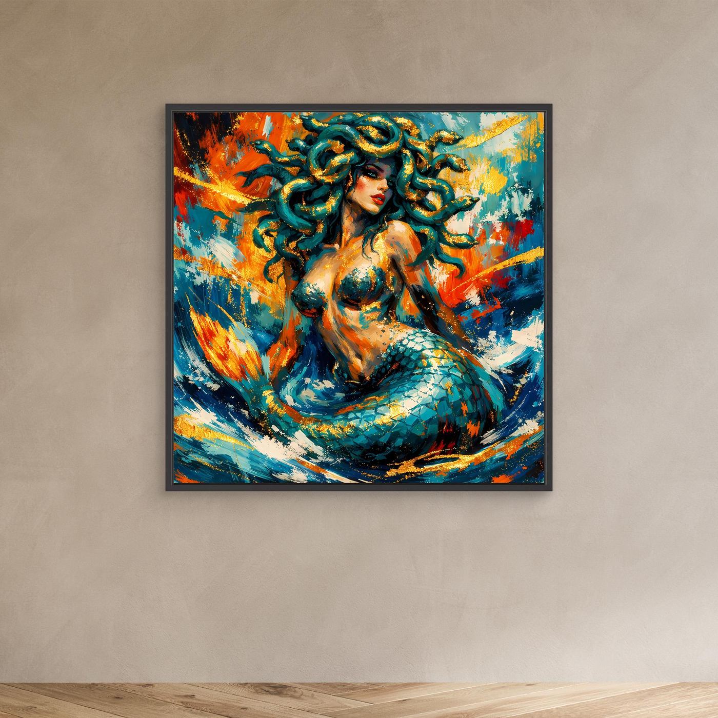 Leinwandbild Medusa-Meerjungfrau, abstrakt Blau/Orange, dunkler Rahmen.
