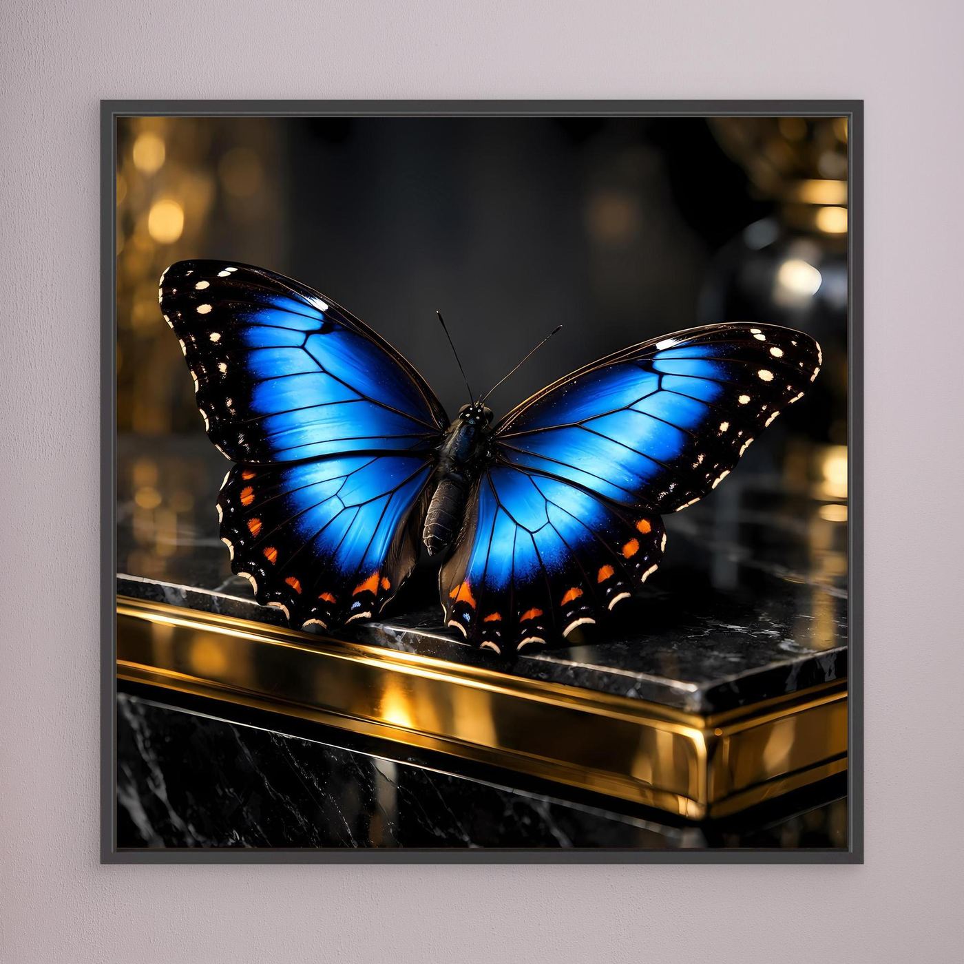 Leinwand-Wandbild mit blauem Schmetterling, dunkler Rahmen