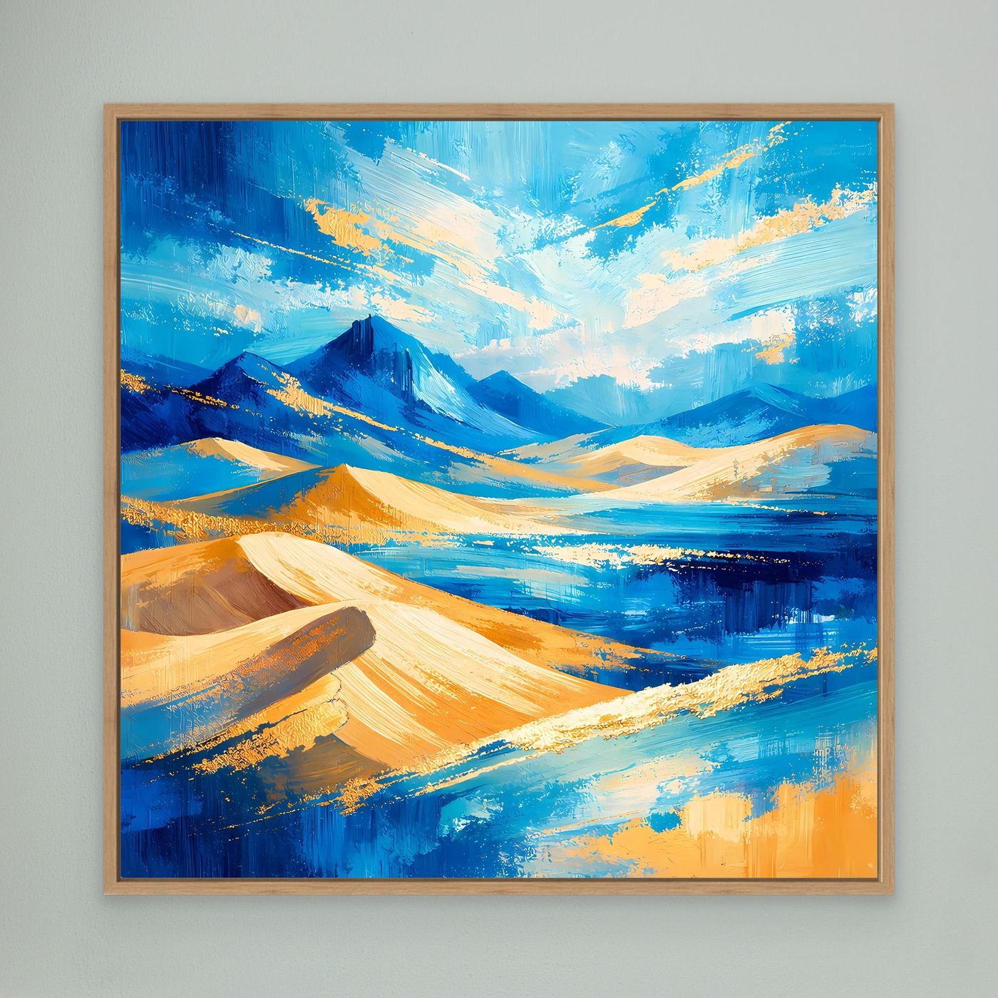 Leinwandbild abstrakte Berglandschaft mit Dünen, Blau-Gold-Gelb, Holzrahmen (Eiche)