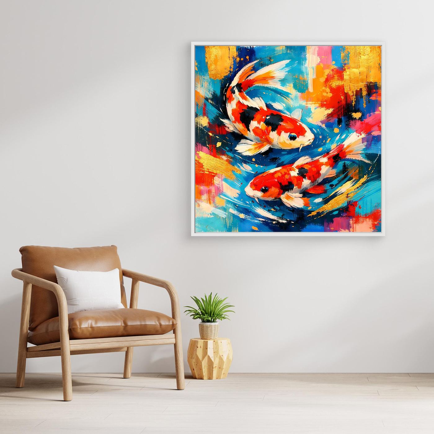 Abstraktes Leinwandbild mit Koi-Fischen, bunt, goldener Rahmen