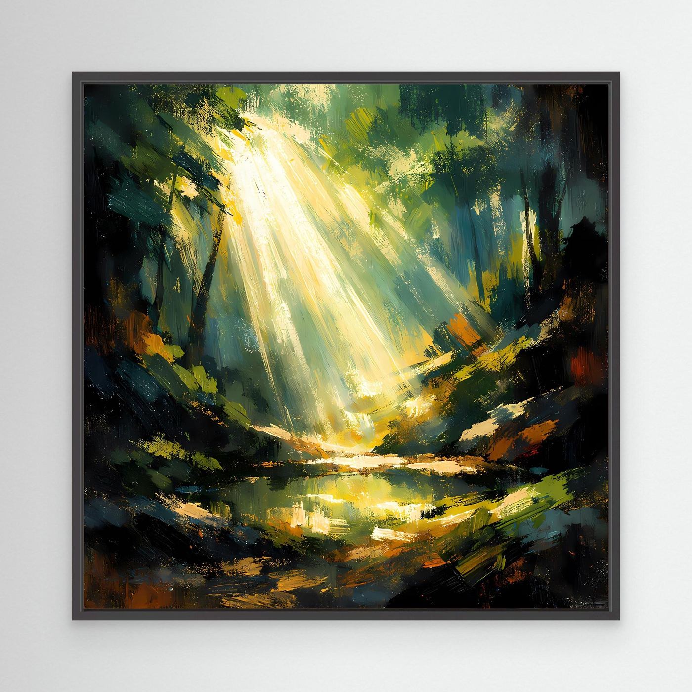 Leinwandbild: goldene Lichtstrahlen im Wald über Teich, mit dunklem Rahmen