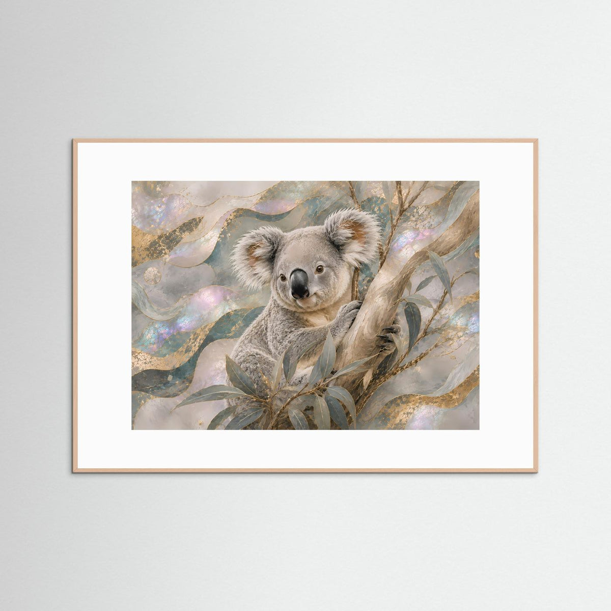 Gerahmtes Querformat-Poster mit grauem Koala auf Ästen, Aquarell-Look, roséfarbener Rahmen