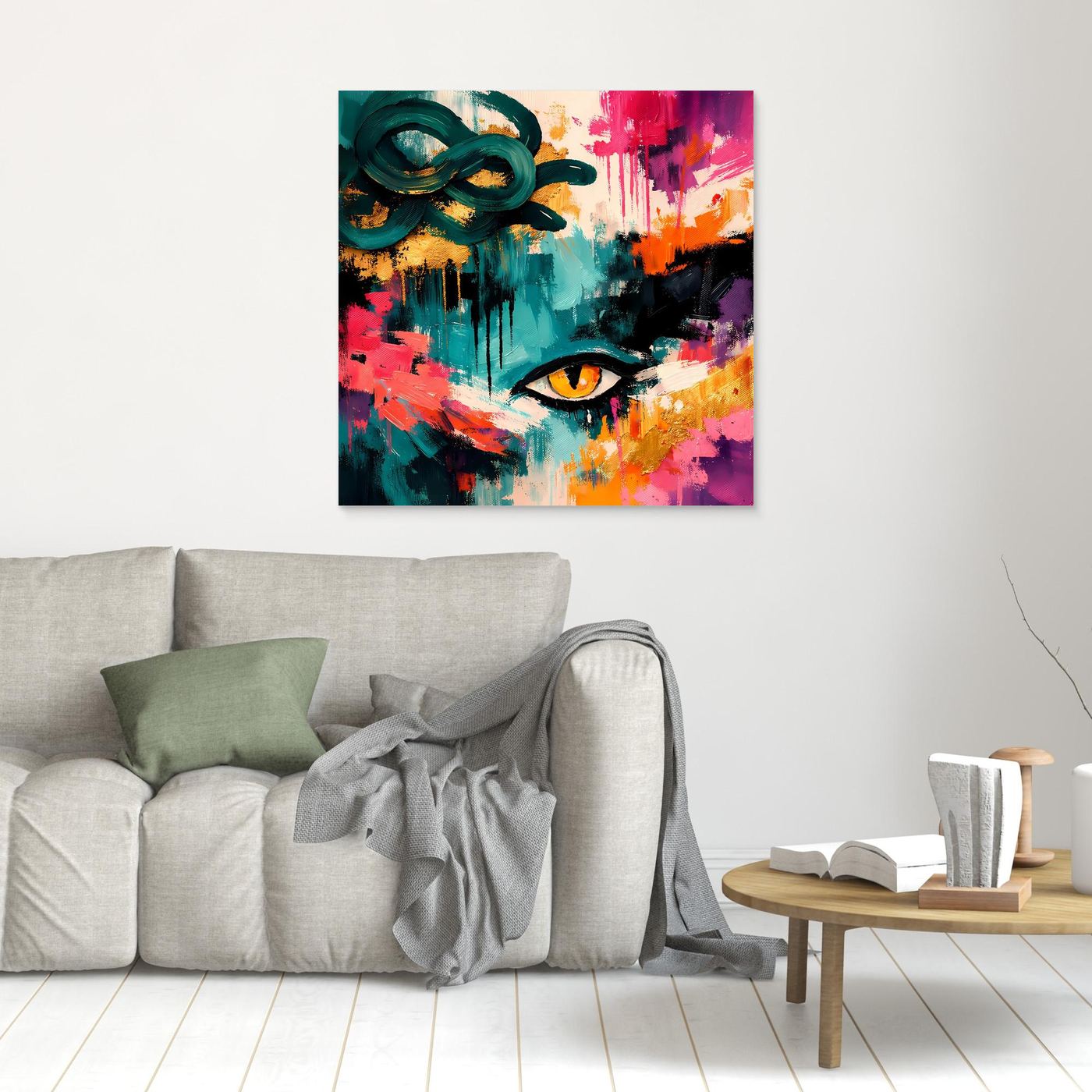 Abstraktes, quadratisches Wandbild mit Medusa-Auge in Türkis, Rot und Gelb, Holzrahmen