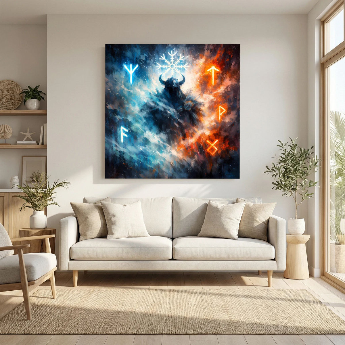 Wandbild auf Leinwand mit Wikingermann in dunkler Silhouette, leuchtende Symbole in Blau/Orange