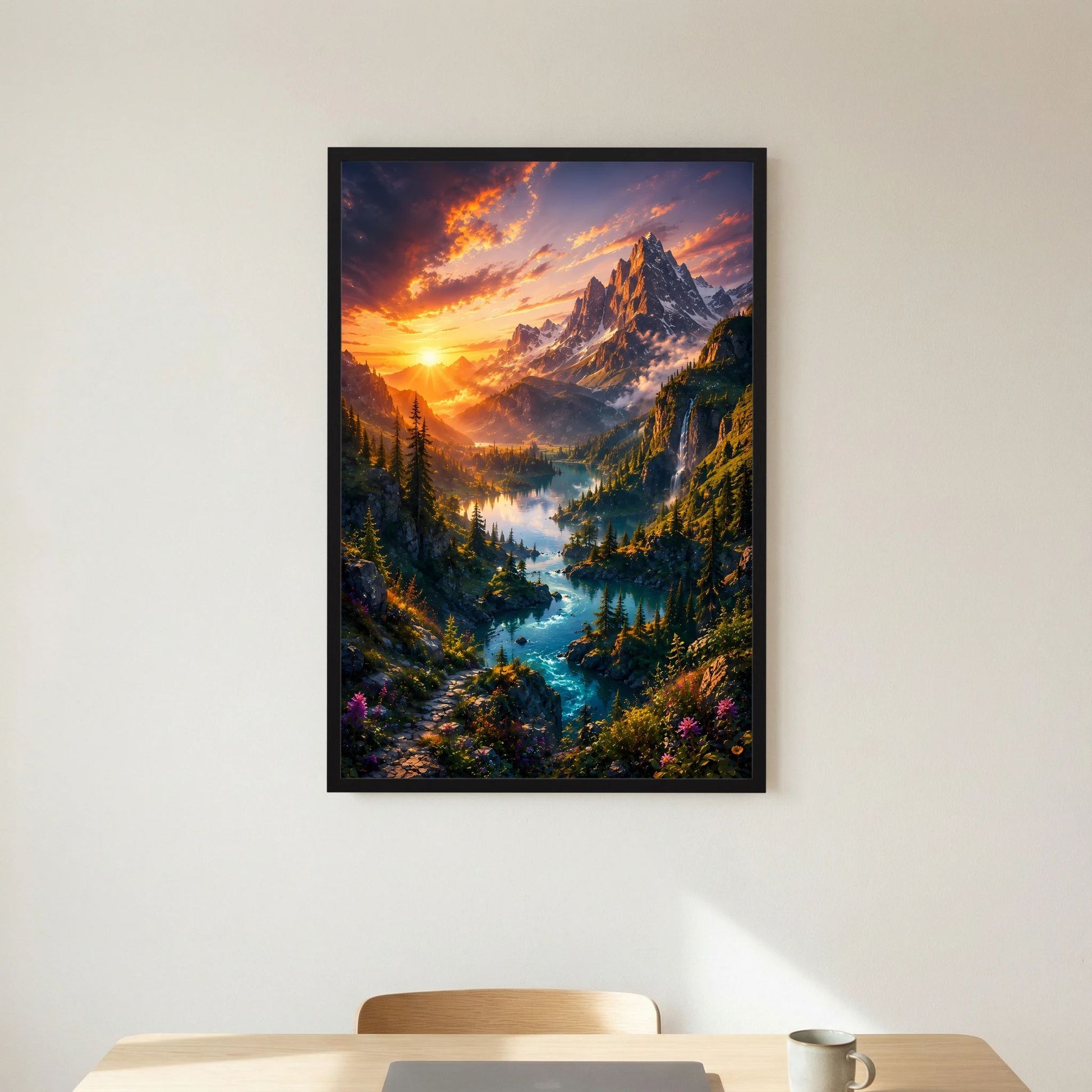 Hochformat-Poster mit schwarzem Rahmen und Bergtal mit türkisfarbenem Fluss bei Sonnenaufgang