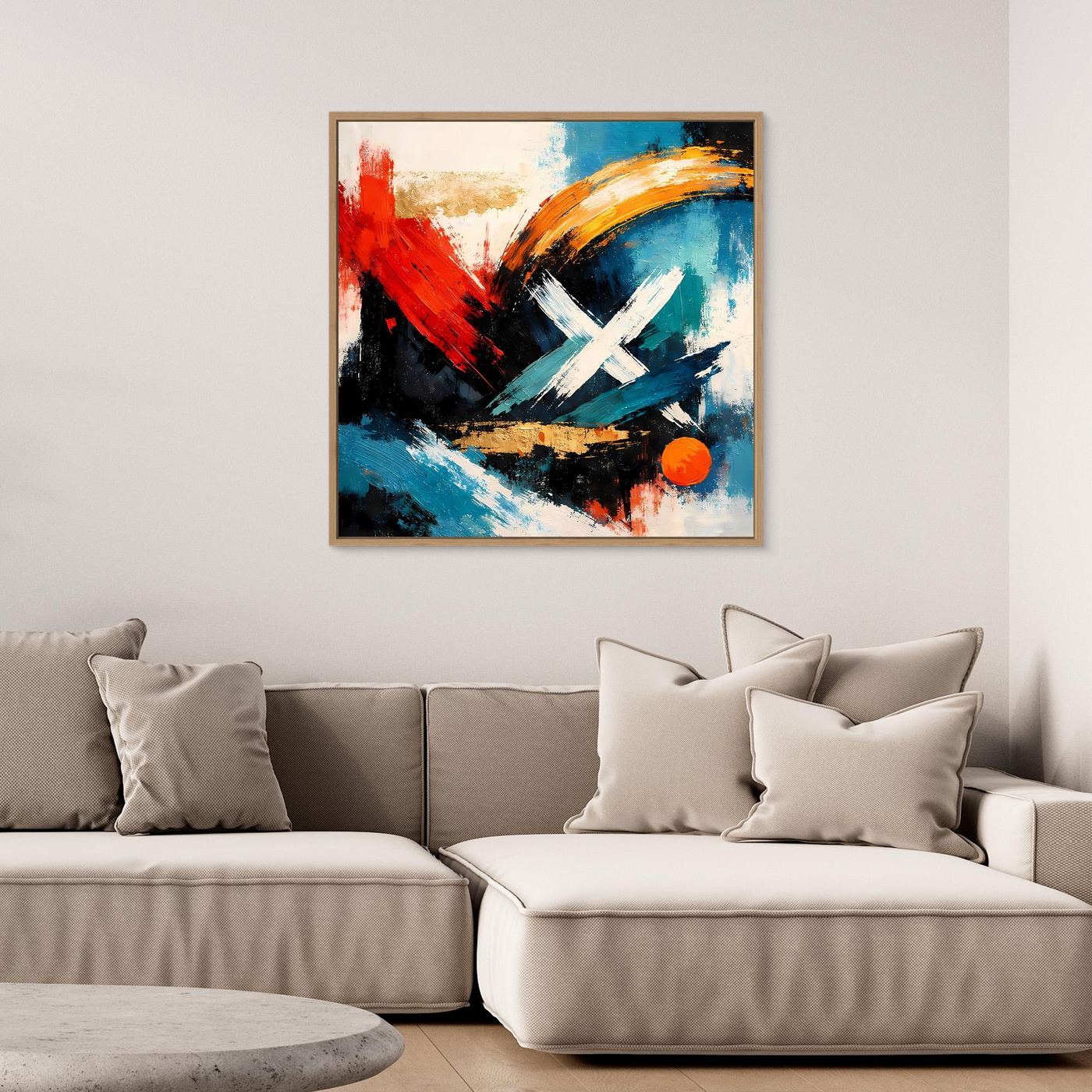 Leinwandbild im Holzrahmen mit abstraktem Motiv aus Rot, Blau und Schwarz und goldenem X