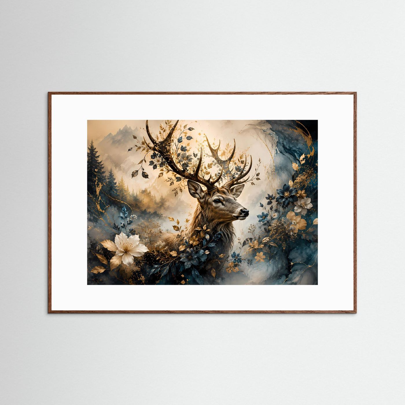 Wandbild mit Hirsch im Blumenwald, braune Holzumrandung und weißes Passepartout