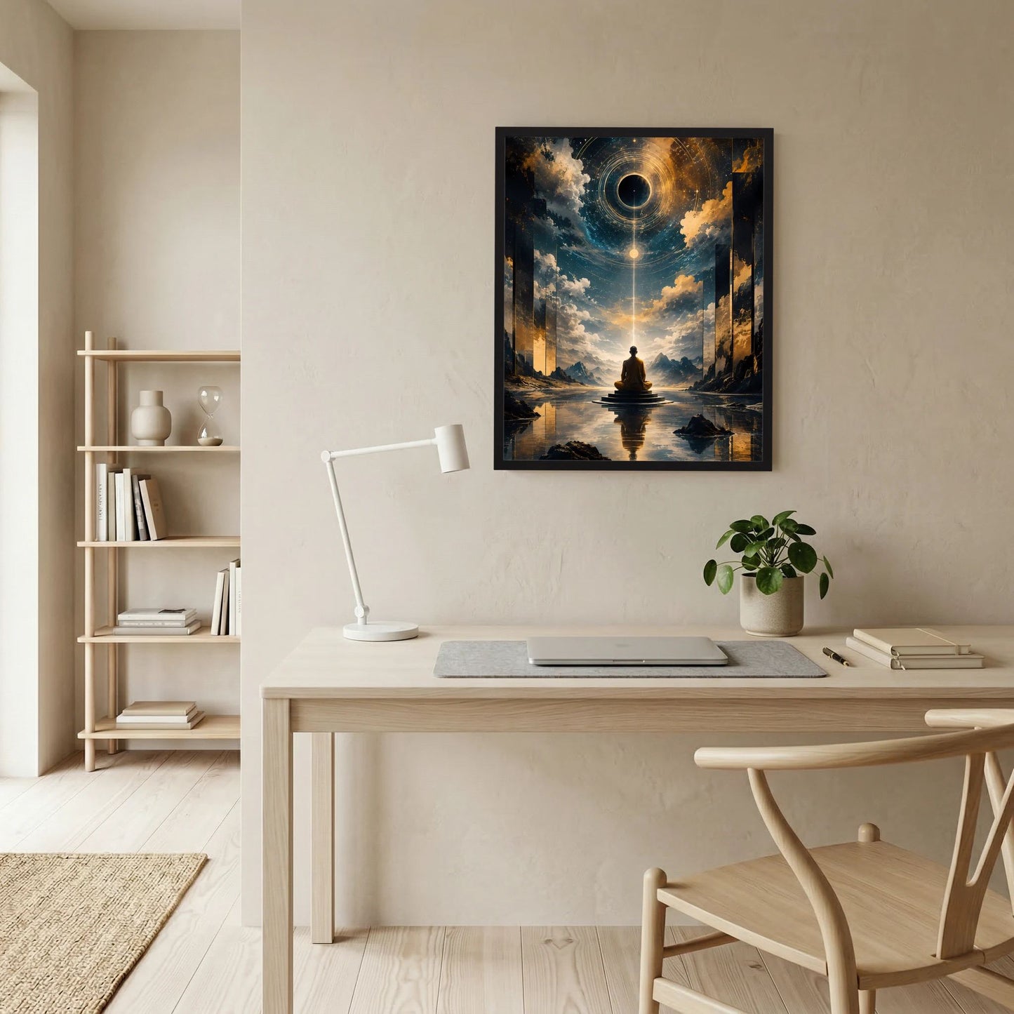 Hochformatposter im schwarzen Rahmen über Wasserlandschaft: Mönch im Lichtstrahl.