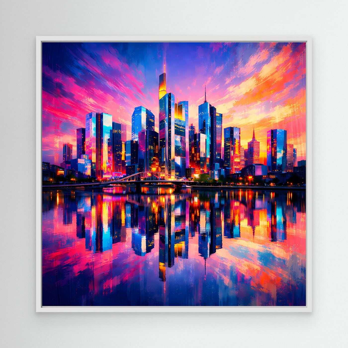 Leinwand Farbenfrohe Frankfurt Skyline bei Sonnenuntergang | Modernes Wandbild