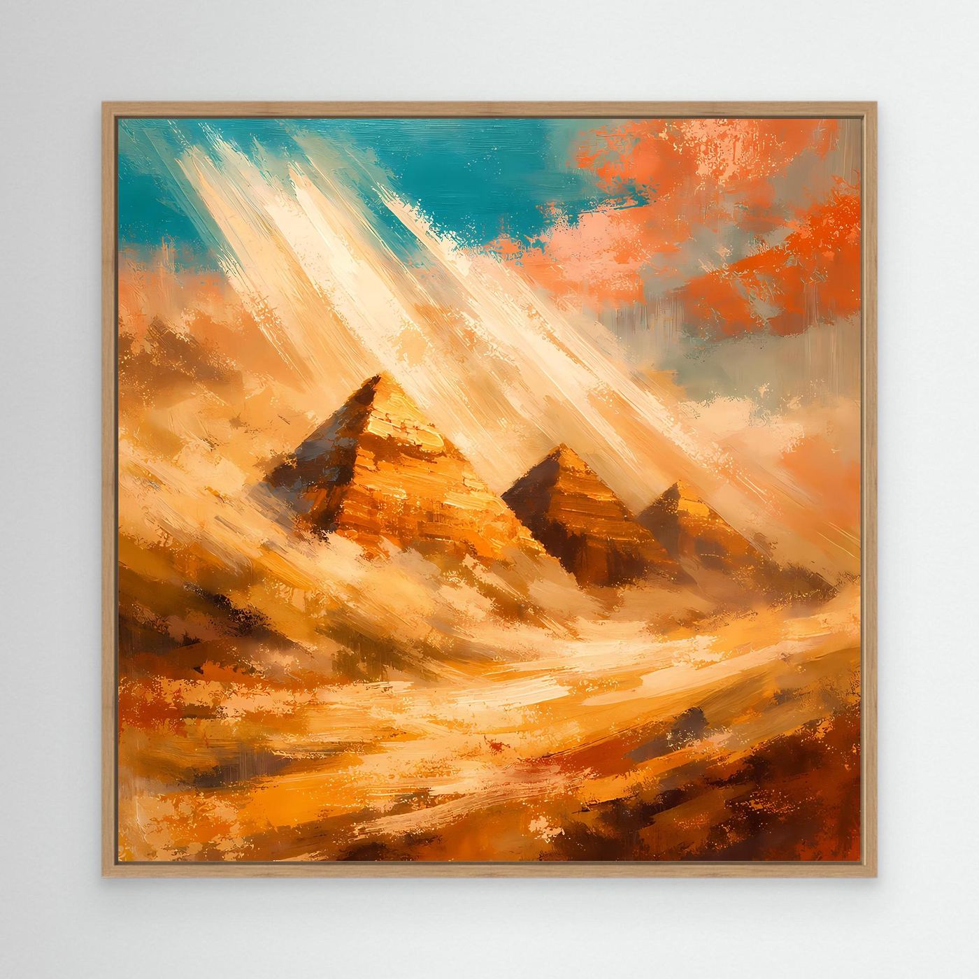 Abstraktes Leinwand-Wandbild mit Pyramiden, Sonnenstrahlen und Wüstenfarben im Holzrahmen