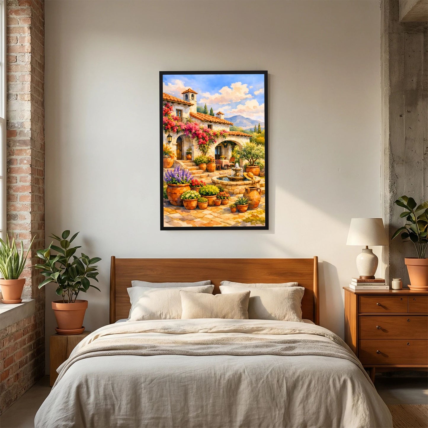 Hochformatiges Kunstposter mit mediterranem Innenhof, Blumen und Brunnen im schwarzen Rahmen